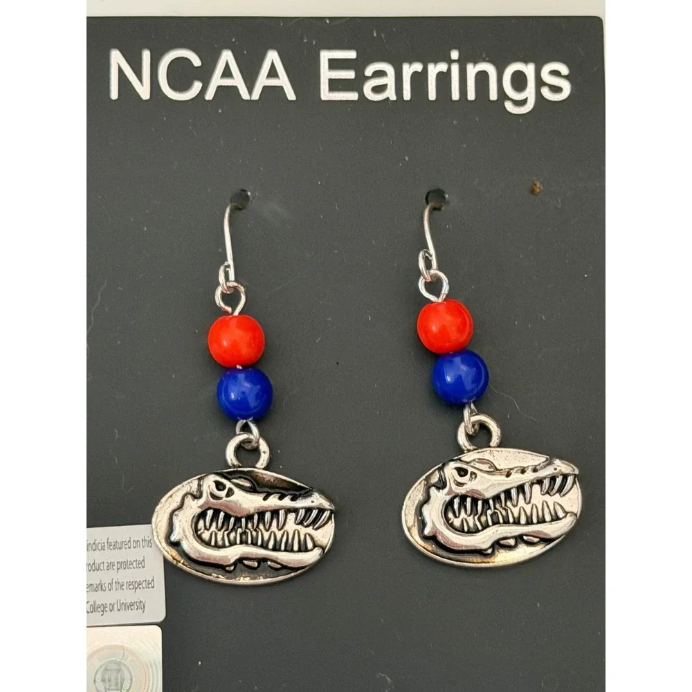 NCAA Florida Gators Dangle‎ Earrings Orange Blue Beads Silver Tone Logo UF Fan